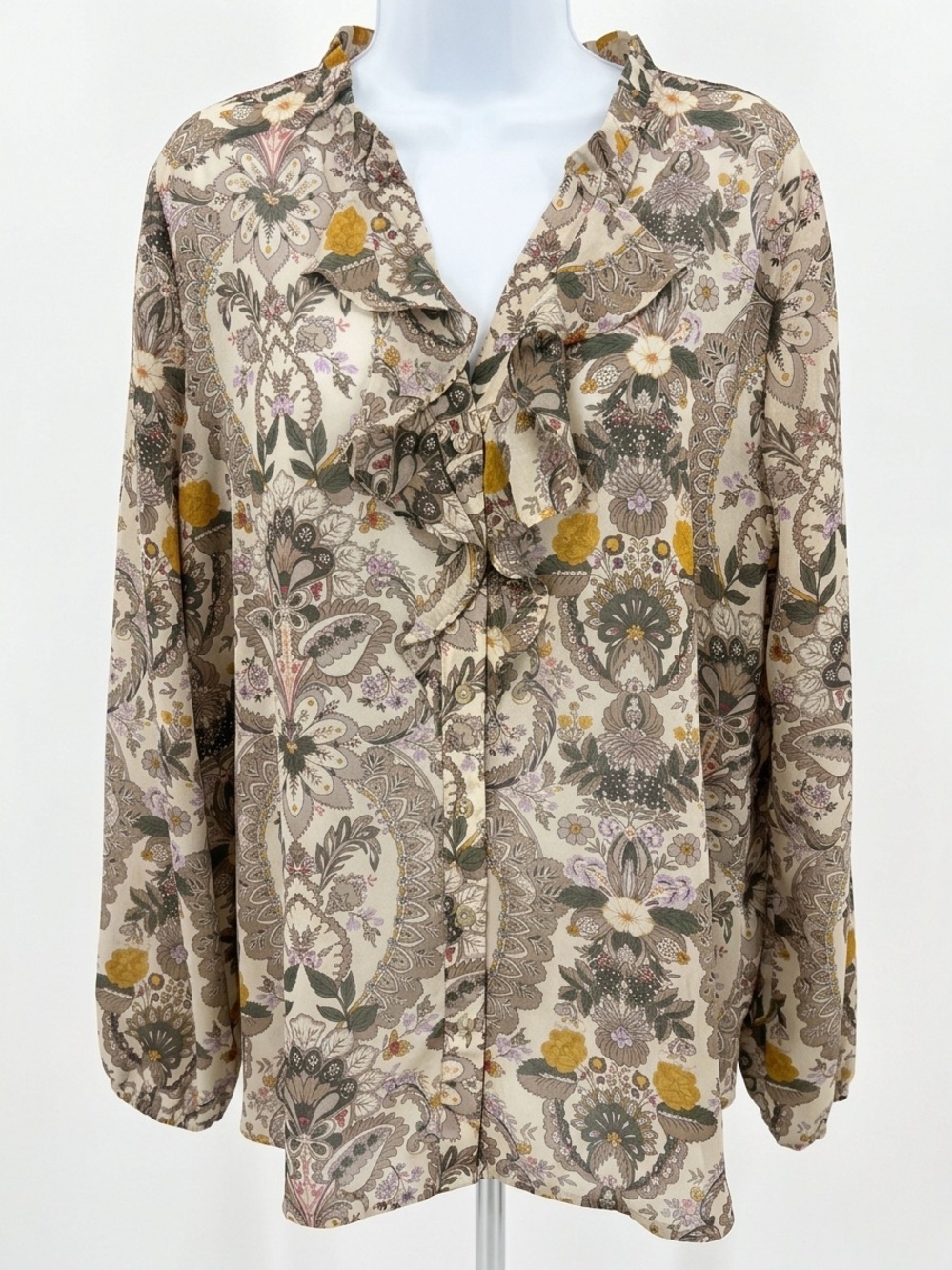 Pleione Floral Ruffle Button-Front Blouse - Cream, Mustard & Olive